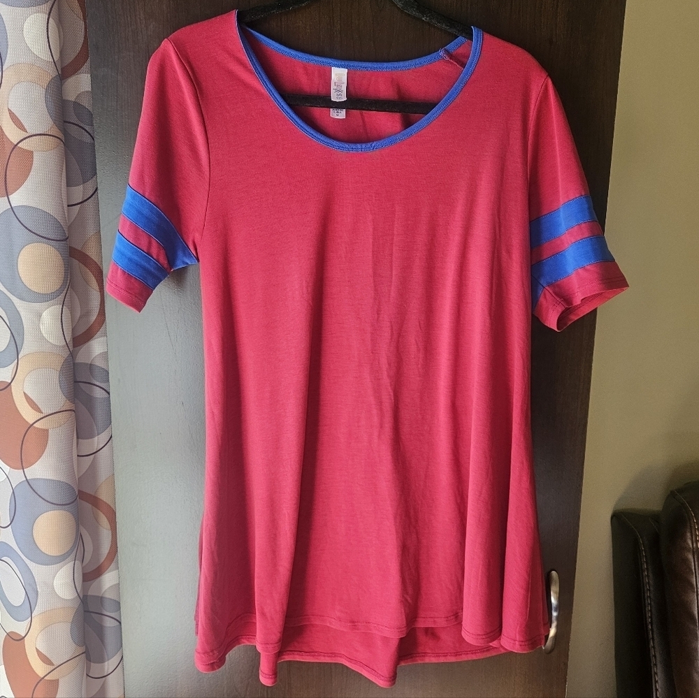 LuLaRoe Red Tunic Top with Blue Stripes